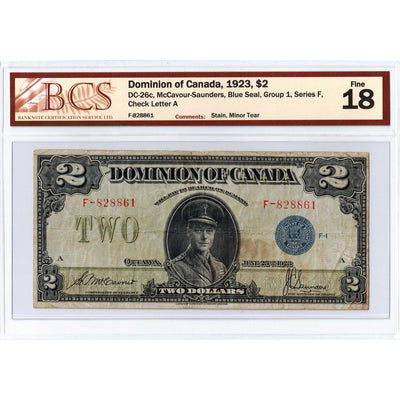 SOLD $2 1923 Dominion of Canada Note Blue Seal Series F DC-26c - BCS F-18