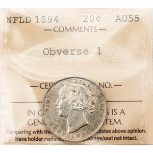 Newfoundland 1894 Obverse #1 20 Cents Silver Coin - ICCS AU-55