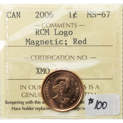SOLD Canada 2006 RCM Logo Magnetic 1 Small Cent Coin - ICCS MS-67 Red