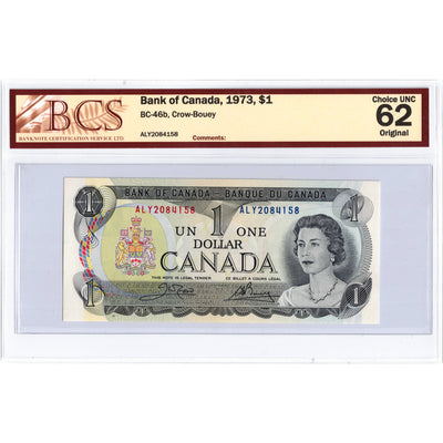 SOLD $1 1973 Bank of Canada Note Crow-Bouey ALY Prefix BC-46b - BCS UNC-62
