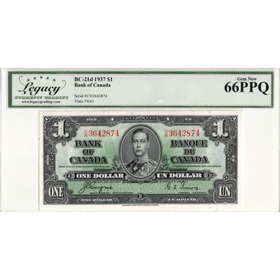 $1 1937 Bank of Canada Note Coyne-Towers C/N Prefix BC-21d - Legacy UNC-66 PPQ