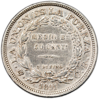 Bolivia 1891 50 Cents Silver Coin KM #161