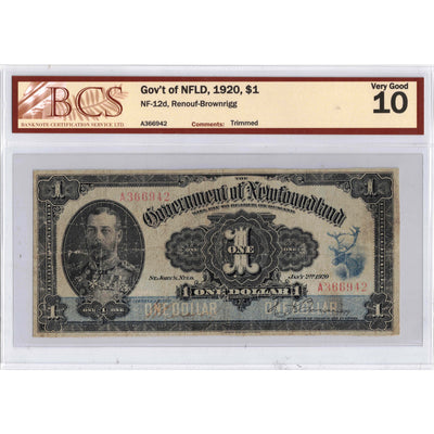 SOLD $1 1920 Government of Newfoundland Note Renouf-Brownrigg NF-12d - BCS VG-10