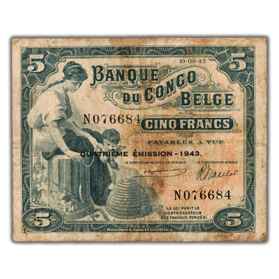 Belgian Congo 1943 5 Five Francs Note P #13Ab