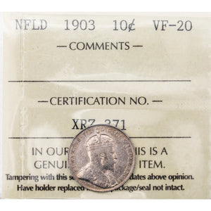 Newfoundland 1903 10 Cents Dime Silver Coin - ICCS VF-20