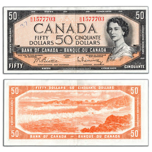 SOLD $50 1954 Bank of Canada Note Beattie-Rasminsky B/H Prefix BC-42b - Writing