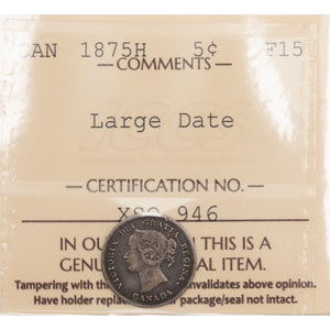 SOLD Canada 1875-H Large Date 5 Cents Silver Coin - ICCS F-15