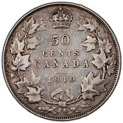 SOLD Canada 1910 Edward Leaves 50 Cents Half Dollar Silver Coin - VF (reverse scratch)