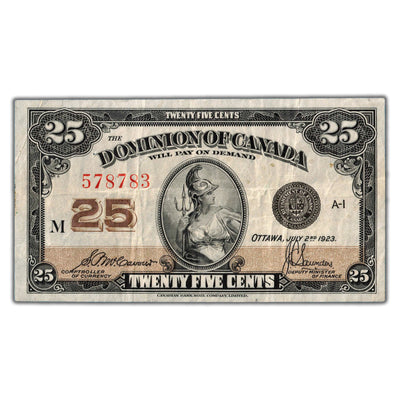 25 Cents 1923 Dominion of Canada Note Shinplaster DC-24c - VF (staple hole)