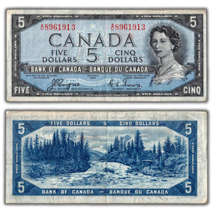 SOLD $5 1954 Bank of Canada Note Devil Face Coyne-Towers A/C Prefix BC-31a - F/VF
