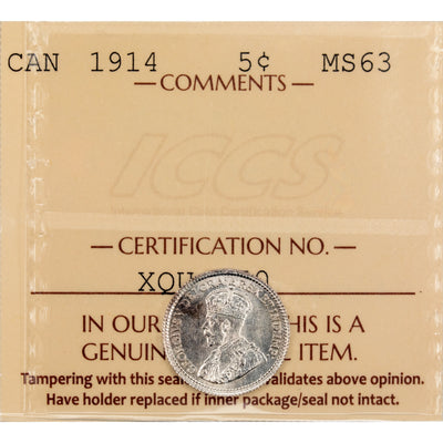 Canada 1914 5 Cents Silver Coin - ICCS MS-63