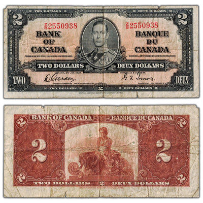 $2 1937 Bank of Canada Note Gordon-Towers Z/B Prefix BC-22b - Edge Tears