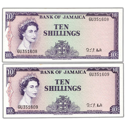 Jamaica ND (1964) 10 Ten Shillings Notes P #51Bc - 2 Consecutive AU