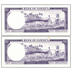 Jamaica ND (1964) 10 Ten Shillings Notes P #51Bc - 2 Consecutive AU