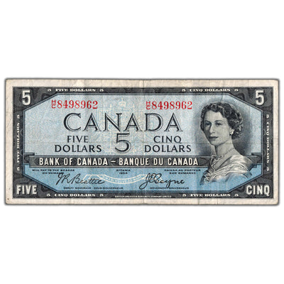 $5 1954 Bank of Canada Note Devil Face H/C Prefix BC-31b - F/VF