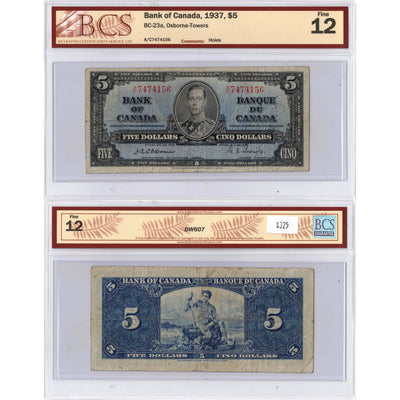 $5 1937 Bank of Canada Note Osborne Signature BC-23a - BCS F-12