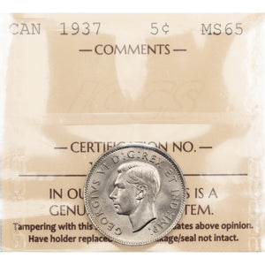SOLD Canada 1937 5 Cents Nickel Coin - ICCS MS-65