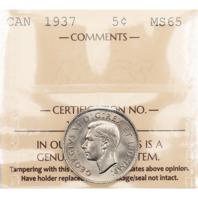 SOLD Canada 1937 5 Cents Nickel Coin - ICCS MS-65