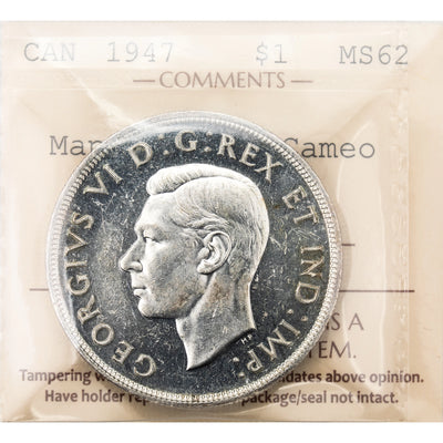 SOLD Canada 1947 Maple Leaf $1 Silver Dollar Coin - ICCS MS-62 Cameo