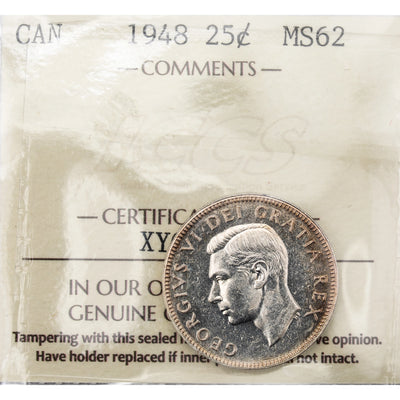 Canada 1948 25 Cents Quarter Silver Coin - ICCS MS-62