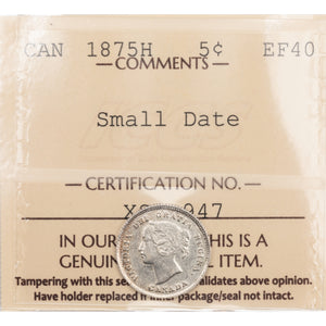 SOLD Canada 1875-H Small Date 5 Cents Silver Coin - ICCS EF-40