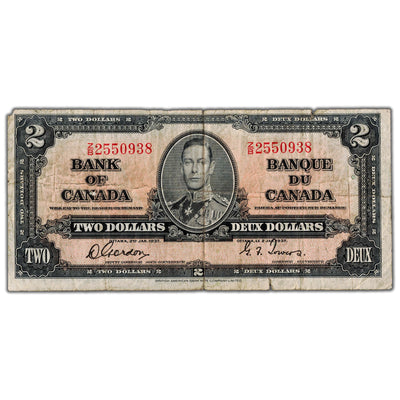 $2 1937 Bank of Canada Note Gordon-Towers Z/B Prefix BC-22b - Edge Tears