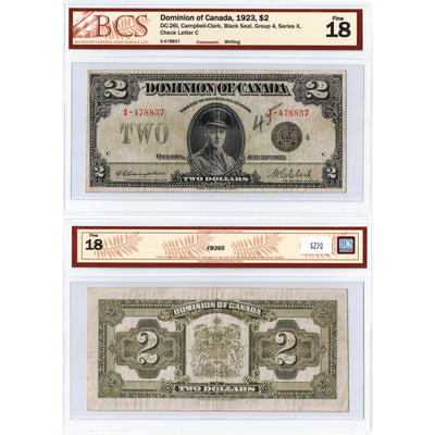 SOLD $2 1923 Dominion of Canada Note Black Seal Series X DC-26l - BCS F-18