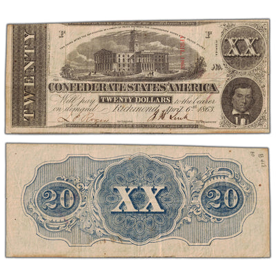 SOLD United States 1863 Confederate States of America $20 Twenty Dollars Note - VF