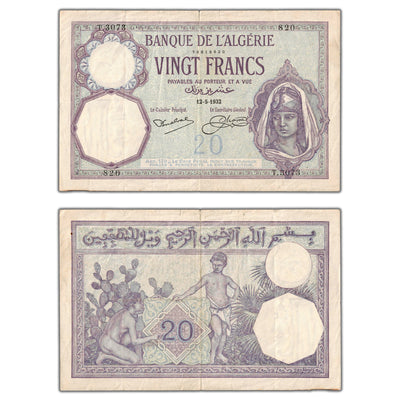 Algeria 1932 20 Twenty Francs Note P #78b - Two Edge Tears