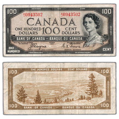 SOLD $100 1954 Bank of Canada Note Devil Face Coyne-Towers BC-35a - Fine
