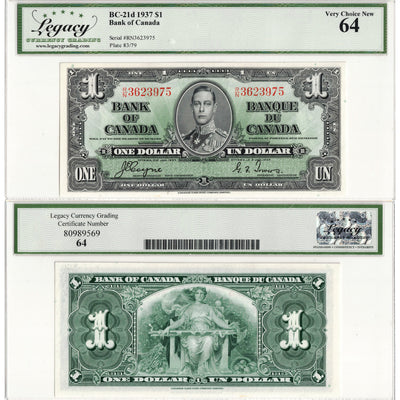 $1 1937 Bank of Canada Note Coyne-Towers R/N Prefix BC-21d - Legacy UNC-64