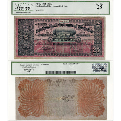 25 Cents 1912-13 Newfoundland Government Cash Note NF-7c - Legacy VF-25