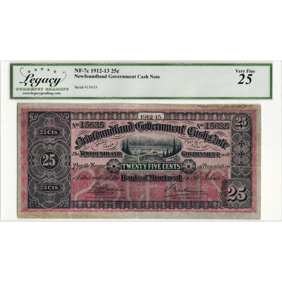 25 Cents 1912-13 Newfoundland Government Cash Note NF-7c - Legacy VF-25