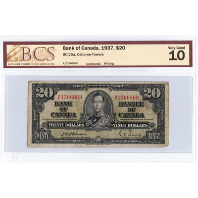 $20 1937 Bank of Canada Note Osborne Signature BC-25a - BCS VG-10