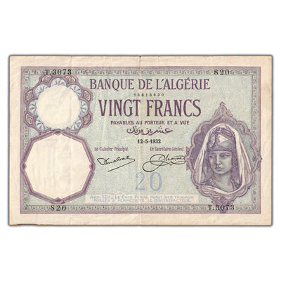 Algeria 1932 20 Twenty Francs Note P #78b - Two Edge Tears