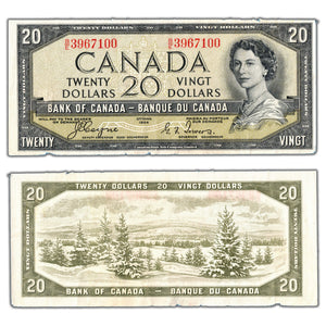 SOLD $20 1954 Bank of Canada Note Devil Face B/E Prefix BC-33a - Trimmed Edges