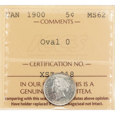 Canada 1900 Oval O 5 Cents Silver Coin - ICCS MS-62
