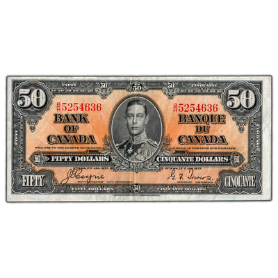 SOLD $50 1937 Bank of Canada Note Coyne-Towers B/H Prefix BC-26c - VF