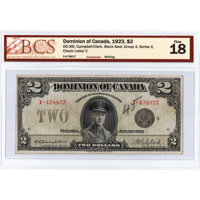 SOLD $2 1923 Dominion of Canada Note Black Seal Series X DC-26l - BCS F-18
