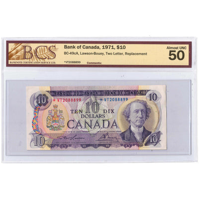 SOLD $10 1971 Bank of Canada Note *VT Replacement Prefix BC-49cA - BCS AU-50