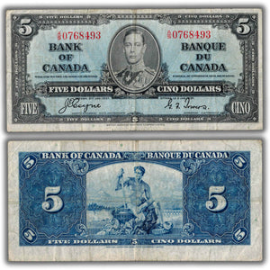 SOLD $5 1937 Bank of Canada Note Coyne-Towers A/S Prefix BC-23c - Fine