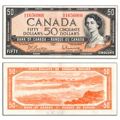 SOLD $50 1954 Bank of Canada Note Beattie-Rasminsky B/H Prefix BC-42b