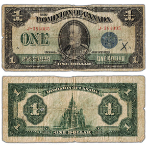 SOLD $1 1923 Dominion of Canada Note Blue Seal Series J DC-25c - Writing/Hole