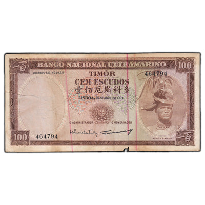 SOLD Portugal Timor 1963 100 Escudos P-28 - Piece Missing