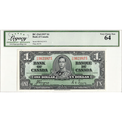 $1 1937 Bank of Canada Note Coyne-Towers R/N Prefix BC-21d - Legacy UNC-64