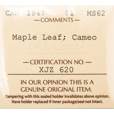 SOLD Canada 1947 Maple Leaf $1 Silver Dollar Coin - ICCS MS-62 Cameo
