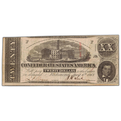 SOLD United States 1863 Confederate States of America $20 Twenty Dollars Note - VF