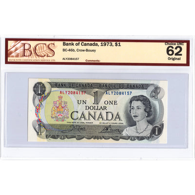 SOLD $1 1973 Bank of Canada Note Crow-Bouey ALY Prefix BC-46b - BCS UNC-62