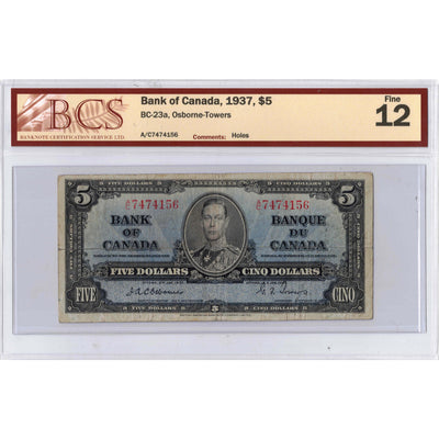 $5 1937 Bank of Canada Note Osborne Signature BC-23a - BCS F-12
