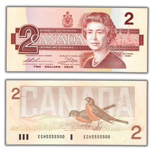 SOLD $2 1986 Bank of Canada Note EGH Prefix BC-55b-i - Neat Serial - Ch UNC